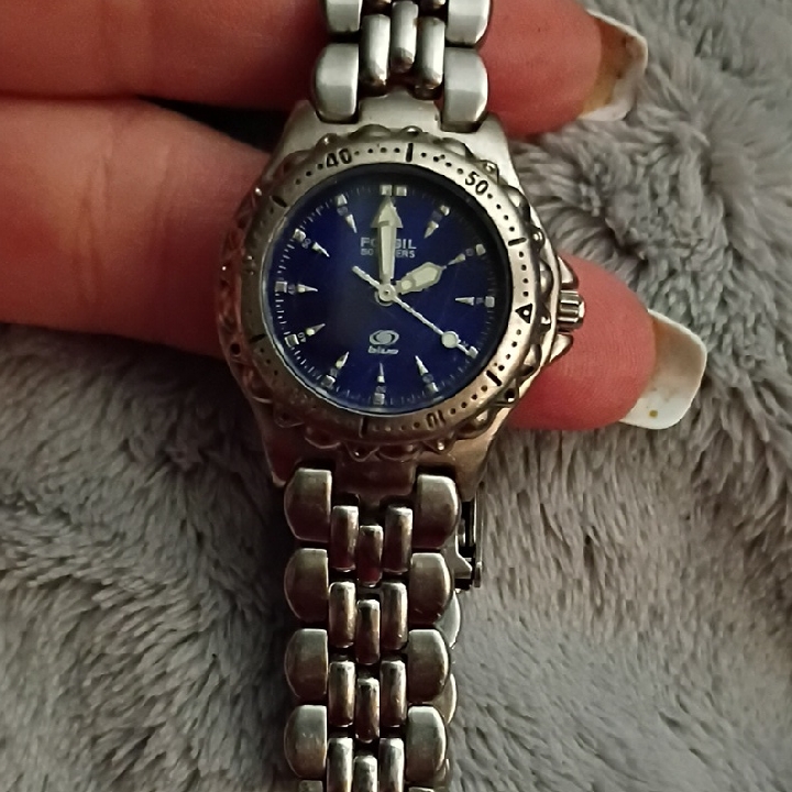 Fossil Mens Silver Bracelet Watch With Blue Dial